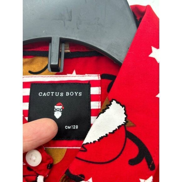 Cactus Boys Kid''s Tabbed Sleeve Button Down Reindeer Christmas Shirt, Red - Picture 4 of 9